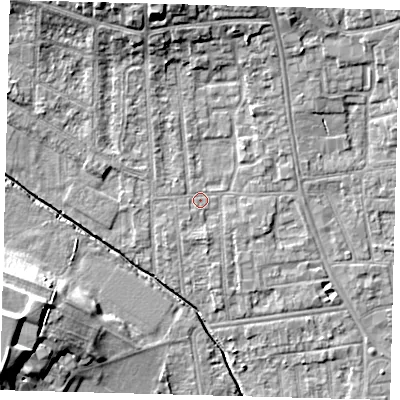 Shaded relief map of the ground around YO164HQ, computed from Environment Agency LiDAR. The ground here sits at about 11 m above sea level and falls 16 m across the surrounding 800 m. Surface water reaching this point runs off ground lying to the north-north-west, 7.5 m higher.
