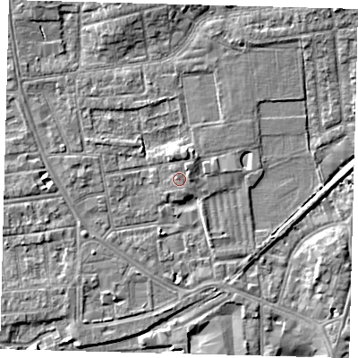 Shaded relief map of the ground around YO164JS, computed from Environment Agency LiDAR. The ground here sits at about 12 m above sea level and falls 5 m across the surrounding 800 m. Surface water reaching this point runs off ground lying to the north-north-east, 1.4 m higher.