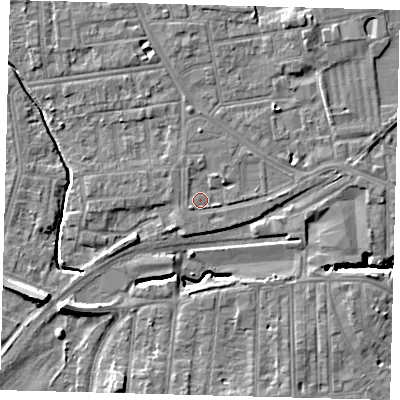 Shaded relief map of the ground around YO164LZ, computed from Environment Agency LiDAR. The ground here sits at about 11 m above sea level and falls 11 m across the surrounding 800 m. Surface water reaching this point runs off ground lying to the north-north-west, 1.0 m higher.
