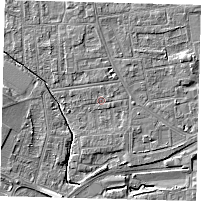 Shaded relief map of the ground around YO164NA, computed from Environment Agency LiDAR. The ground here sits at about 11 m above sea level and falls 9 m across the surrounding 800 m. Surface water reaching this point runs off ground lying to the north, 1.1 m higher.