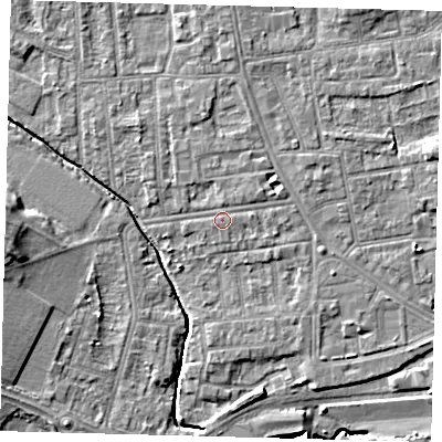 Shaded relief map of the ground around YO164ND, computed from Environment Agency LiDAR. The ground here sits at about 11 m above sea level and falls 9 m across the surrounding 800 m. Surface water reaching this point runs off ground lying to the east-north-east, 0.5 m higher.