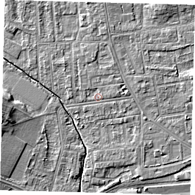 Shaded relief map of the ground around YO164NG, computed from Environment Agency LiDAR. The ground here sits at about 11 m above sea level and falls 9 m across the surrounding 800 m. Surface water reaching this point runs off ground lying to the east-north-east, 1.0 m higher.
