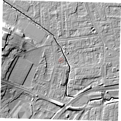 Shaded relief map of the ground around YO164NH, computed from Environment Agency LiDAR. The ground here sits at about 10 m above sea level and falls 16 m across the surrounding 800 m. Surface water reaching this point runs off ground lying to the south-south-west, 1.2 m higher.