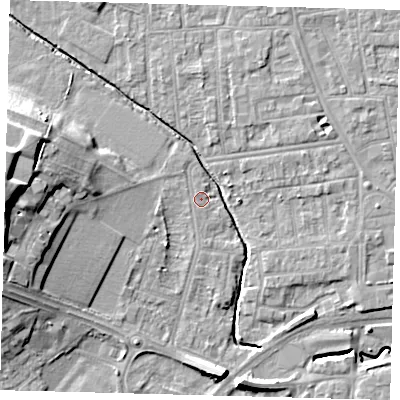 Shaded relief map of the ground around YO164NJ, computed from Environment Agency LiDAR. The ground here sits at about 10 m above sea level and falls 17 m across the surrounding 800 m. Surface water reaching this point runs off ground lying to the west, 13.3 m higher.