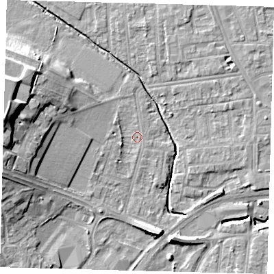 Shaded relief map of the ground around YO164NL, computed from Environment Agency LiDAR. The ground here sits at about 11 m above sea level and falls 18 m across the surrounding 800 m. Surface water reaching this point runs off ground lying to the west-south-west, 2.0 m higher.