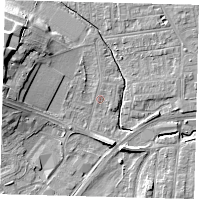 Shaded relief map of the ground around YO164NP, computed from Environment Agency LiDAR. The ground here sits at about 10 m above sea level and falls 18 m across the surrounding 800 m. Surface water reaching this point runs off ground lying to the north-north-east, 0.8 m higher.