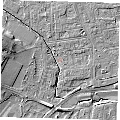 Shaded relief map of the ground around YO164NQ, computed from Environment Agency LiDAR. The ground here sits at about 10 m above sea level and falls 12 m across the surrounding 800 m. Surface water reaching this point runs off ground lying to the north-east, 2.1 m higher.
