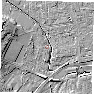 Shaded relief map of the ground around YO164NR, computed from Environment Agency LiDAR. The ground here sits at about 10 m above sea level and falls 15 m across the surrounding 800 m. Surface water reaching this point runs off ground lying to the west-south-west, 0.8 m higher.