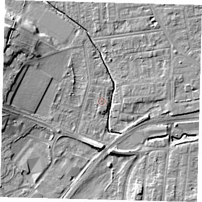 Shaded relief map of the ground around YO164NS, computed from Environment Agency LiDAR. The ground here sits at about 11 m above sea level and falls 15 m across the surrounding 800 m. The ground contributing surface water to this point lies to the south.