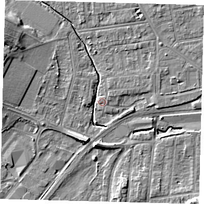 Shaded relief map of the ground around YO164NT, computed from Environment Agency LiDAR. The ground here sits at about 11 m above sea level and falls 11 m across the surrounding 800 m. Surface water reaching this point runs off ground lying to the east-north-east, 0.9 m higher.