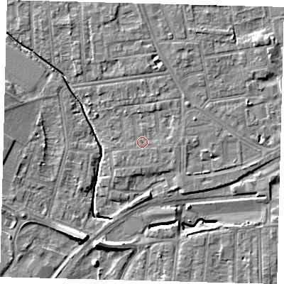 Shaded relief map of the ground around YO164NU, computed from Environment Agency LiDAR. The ground here sits at about 10 m above sea level and falls 10 m across the surrounding 800 m. Surface water reaching this point runs off ground lying to the north-north-east, 1.3 m higher.