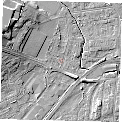 Shaded relief map of the ground around YO164NW, computed from Environment Agency LiDAR. The ground here sits at about 11 m above sea level and falls 18 m across the surrounding 800 m. Surface water reaching this point runs off ground lying to the west-north-west, 14.6 m higher.