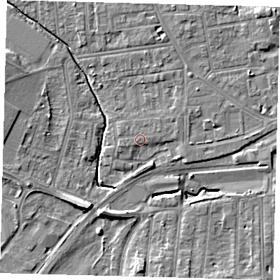 Shaded relief map of the ground around YO164NX, computed from Environment Agency LiDAR. The ground here sits at about 11 m above sea level and falls 10 m across the surrounding 800 m. Surface water reaching this point runs off ground lying to the west-south-west, 1.7 m higher.