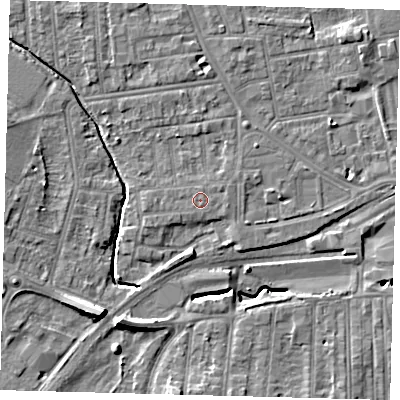 Shaded relief map of the ground around YO164PA, computed from Environment Agency LiDAR. The ground here sits at about 11 m above sea level and falls 10 m across the surrounding 800 m. Surface water reaching this point runs off ground lying to the east-north-east, 0.6 m higher.