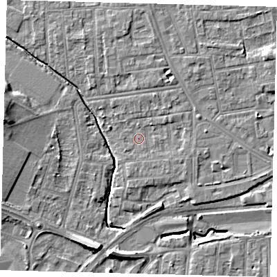 Shaded relief map of the ground around YO164PB, computed from Environment Agency LiDAR. The ground here sits at about 10 m above sea level and falls 10 m across the surrounding 800 m. Surface water reaching this point runs off ground lying to the east-north-east, 1.6 m higher.