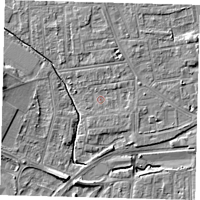Shaded relief map of the ground around YO164PD, computed from Environment Agency LiDAR. The ground here sits at about 10 m above sea level and falls 10 m across the surrounding 800 m. Surface water reaching this point runs off ground lying to the north-east, 1.6 m higher.