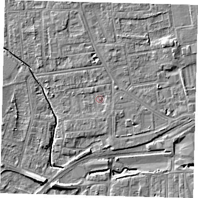 Shaded relief map of the ground around YO164PE, computed from Environment Agency LiDAR. The ground here sits at about 11 m above sea level and falls 11 m across the surrounding 800 m. Surface water reaching this point runs off ground lying to the north-north-west, 1.1 m higher.