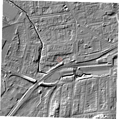 Shaded relief map of the ground around YO164PG, computed from Environment Agency LiDAR. The ground here sits at about 10 m above sea level and falls 10 m across the surrounding 800 m. Surface water reaching this point runs off ground lying to the south-south-east, 9.6 m higher.