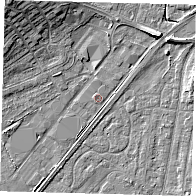 Shaded relief map of the ground around YO164SD, computed from Environment Agency LiDAR. The ground here sits at about 10 m above sea level and falls 14 m across the surrounding 800 m. Surface water reaching this point runs off ground lying to the west-north-west, 1.0 m higher.