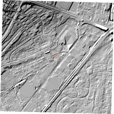 Shaded relief map of the ground around YO164SF, computed from Environment Agency LiDAR. The ground here sits at about 10 m above sea level and falls 19 m across the surrounding 800 m. Surface water reaching this point runs off ground lying to the west-north-west, 1.9 m higher.