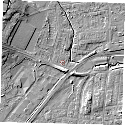 Shaded relief map of the ground around YO164SG, computed from Environment Agency LiDAR. The ground here sits at about 11 m above sea level and falls 16 m across the surrounding 800 m. Surface water reaching this point runs off ground lying to the north-north-west, 0.8 m higher.