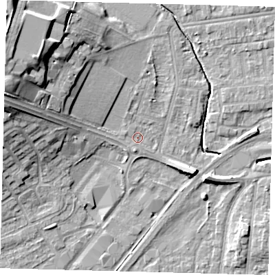 Shaded relief map of the ground around YO164SH, computed from Environment Agency LiDAR. The ground here sits at about 11 m above sea level and falls 20 m across the surrounding 800 m. Surface water reaching this point runs off ground lying to the west-north-west, 1.1 m higher.