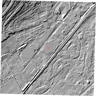 Shaded relief map of the ground around YO164SJ, computed from Environment Agency LiDAR. The ground here sits at about 10 m above sea level and falls 11 m across the surrounding 800 m. The ground contributing surface water to this point lies to the north.