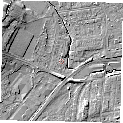 Shaded relief map of the ground around YO164SQ, computed from Environment Agency LiDAR. The ground here sits at about 10 m above sea level and falls 15 m across the surrounding 800 m. Surface water reaching this point runs off ground lying to the west-north-west, 8.5 m higher.