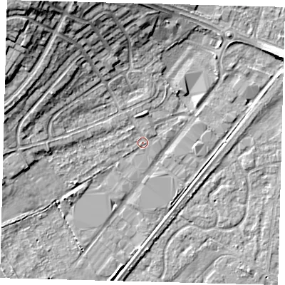 Shaded relief map of the ground around YO164ST, computed from Environment Agency LiDAR. The ground here sits at about 10 m above sea level and falls 16 m across the surrounding 800 m. Surface water reaching this point runs off ground lying to the west-north-west, 1.2 m higher.
