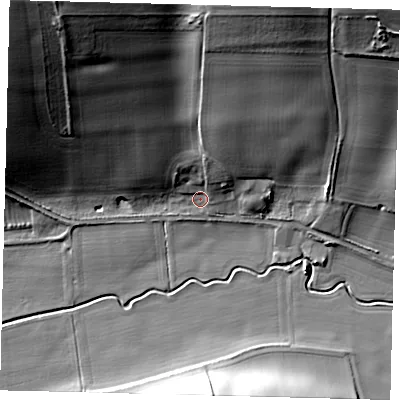 Shaded relief map of the ground around YO164XF, computed from Environment Agency LiDAR. The ground here sits at about 16 m above sea level and falls 43 m across the surrounding 800 m. Surface water reaching this point runs off ground lying to the north-west, 37.5 m higher.