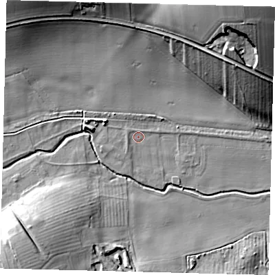 Shaded relief map of the ground around YO164XG, computed from Environment Agency LiDAR. The ground here sits at about 17 m above sea level and falls 38 m across the surrounding 800 m. Surface water reaching this point runs off ground lying to the west-south-west, 1.2 m higher.