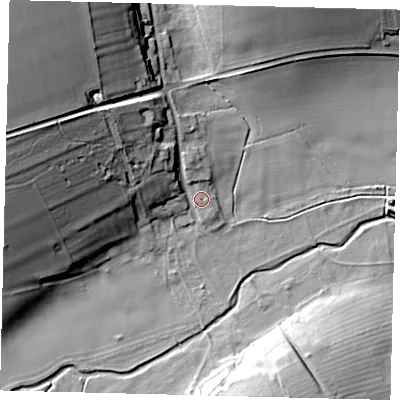 Shaded relief map of the ground around YO164XJ, computed from Environment Agency LiDAR. The ground here sits at about 21 m above sea level and falls 44 m across the surrounding 800 m. Surface water reaching this point runs off ground lying to the north-west, 21.7 m higher.