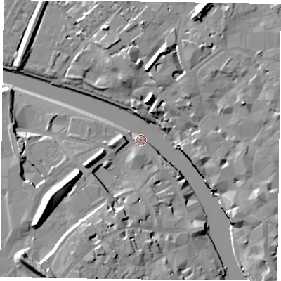 Shaded relief map of the ground around YO16BE, computed from Environment Agency LiDAR. The ground here sits at about 9 m above sea level and falls 20 m across the surrounding 800 m. Surface water reaching this point runs off ground lying to the south-south-west, 15.8 m higher.