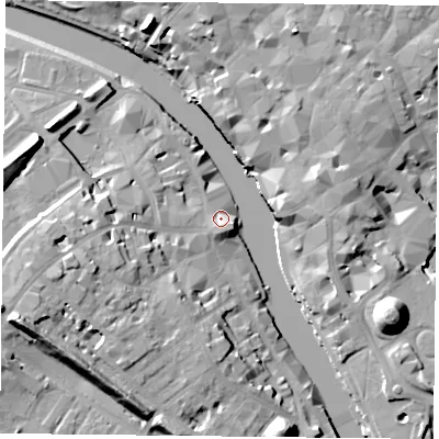 Shaded relief map of the ground around YO16DA, computed from Environment Agency LiDAR. The ground here sits at about 10 m above sea level and falls 20 m across the surrounding 800 m. Surface water reaching this point runs off ground lying to the south-east, 5.0 m higher.