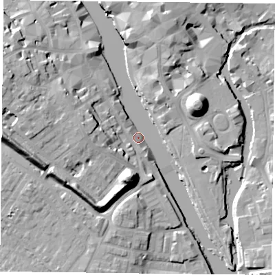 Shaded relief map of the ground around YO16DB, computed from Environment Agency LiDAR. The ground here sits at about 8 m above sea level and falls 19 m across the surrounding 800 m. Surface water reaching this point runs off ground lying to the east-north-east, 18.9 m higher.