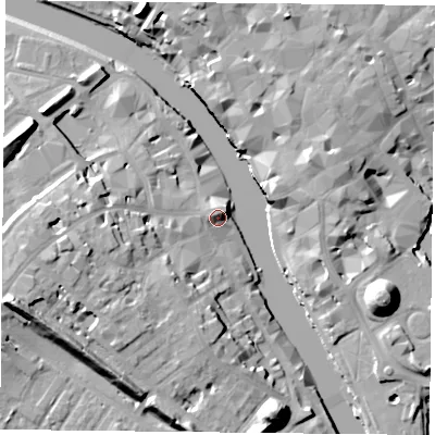 Shaded relief map of the ground around YO16DD, computed from Environment Agency LiDAR. The ground here sits at about 11 m above sea level and falls 20 m across the surrounding 800 m. Surface water reaching this point runs off ground lying to the north-north-west, 3.5 m higher.