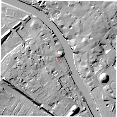 Shaded relief map of the ground around YO16DG, computed from Environment Agency LiDAR. The ground here sits at about 9 m above sea level and falls 20 m across the surrounding 800 m. Surface water reaching this point runs off ground lying to the west-south-west, 11.0 m higher.
