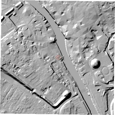 Shaded relief map of the ground around YO16DH, computed from Environment Agency LiDAR. The ground here sits at about 10 m above sea level and falls 19 m across the surrounding 800 m. Surface water reaching this point runs off ground lying to the west-south-west, 10.1 m higher.