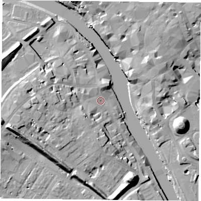 Shaded relief map of the ground around YO16DP, computed from Environment Agency LiDAR. The ground here sits at about 10 m above sea level and falls 20 m across the surrounding 800 m. Surface water reaching this point runs off ground lying to the west, 11.7 m higher.