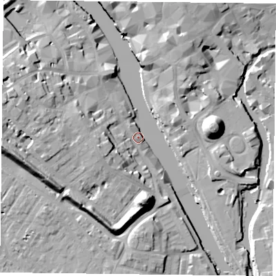 Shaded relief map of the ground around YO16DQ, computed from Environment Agency LiDAR. The ground here sits at about 9 m above sea level and falls 19 m across the surrounding 800 m. Surface water reaching this point runs off ground lying to the east, 18.9 m higher.