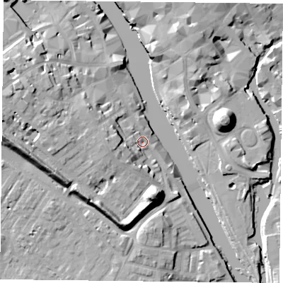 Shaded relief map of the ground around YO16DS, computed from Environment Agency LiDAR. The ground here sits at about 10 m above sea level and falls 19 m across the surrounding 800 m. Surface water reaching this point runs off ground lying to the west, 8.7 m higher.