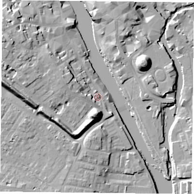 Shaded relief map of the ground around YO16DT, computed from Environment Agency LiDAR. The ground here sits at about 10 m above sea level and falls 19 m across the surrounding 800 m. Surface water reaching this point runs off ground lying to the west-north-west, 7.0 m higher.