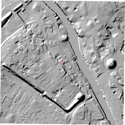 Shaded relief map of the ground around YO16DW, computed from Environment Agency LiDAR. The ground here sits at about 13 m above sea level and falls 20 m across the surrounding 800 m. Surface water reaching this point runs off ground lying to the west-south-west, 7.2 m higher.