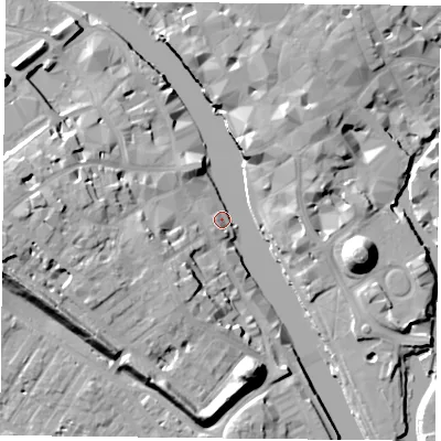 Shaded relief map of the ground around YO16DX, computed from Environment Agency LiDAR. The ground here sits at about 8 m above sea level and falls 19 m across the surrounding 800 m. Surface water reaching this point runs off ground lying to the east-south-east, 18.9 m higher.