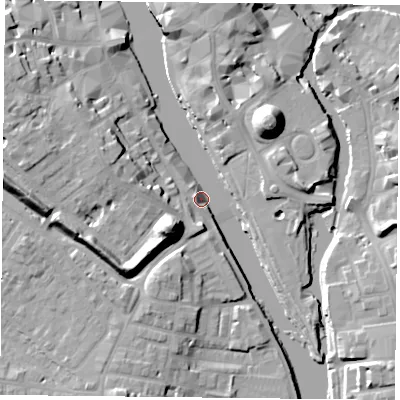 Shaded relief map of the ground around YO16FA, computed from Environment Agency LiDAR. The ground here sits at about 8 m above sea level and falls 19 m across the surrounding 800 m. Surface water reaching this point runs off ground lying to the south-west, 18.5 m higher.