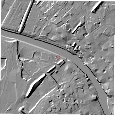 Shaded relief map of the ground around YO16FZ, computed from Environment Agency LiDAR. The ground here sits at about 9 m above sea level and falls 19 m across the surrounding 800 m. Surface water reaching this point runs off ground lying to the south-west, 18.3 m higher.