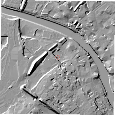 Shaded relief map of the ground around YO16GD, computed from Environment Agency LiDAR. The ground here sits at about 10 m above sea level and falls 20 m across the surrounding 800 m. Surface water reaching this point runs off ground lying to the south, 9.5 m higher.
