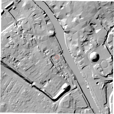 Shaded relief map of the ground around YO16HH, computed from Environment Agency LiDAR. The ground here sits at about 10 m above sea level and falls 19 m across the surrounding 800 m. Surface water reaching this point runs off ground lying to the south-west, 9.1 m higher.