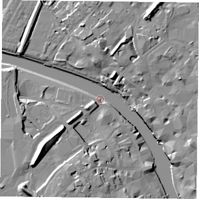 Shaded relief map of the ground around YO16HU, computed from Environment Agency LiDAR. The ground here sits at about 7 m above sea level and falls 19 m across the surrounding 800 m. Surface water reaching this point runs off ground lying to the south-south-west, 12.5 m higher.
