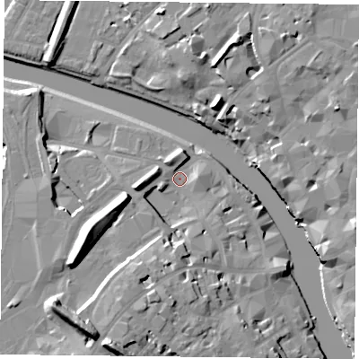 Shaded relief map of the ground around YO16HZ, computed from Environment Agency LiDAR. The ground here sits at about 10 m above sea level and falls 20 m across the surrounding 800 m. Surface water reaching this point runs off ground lying to the south-south-west, 11.9 m higher.